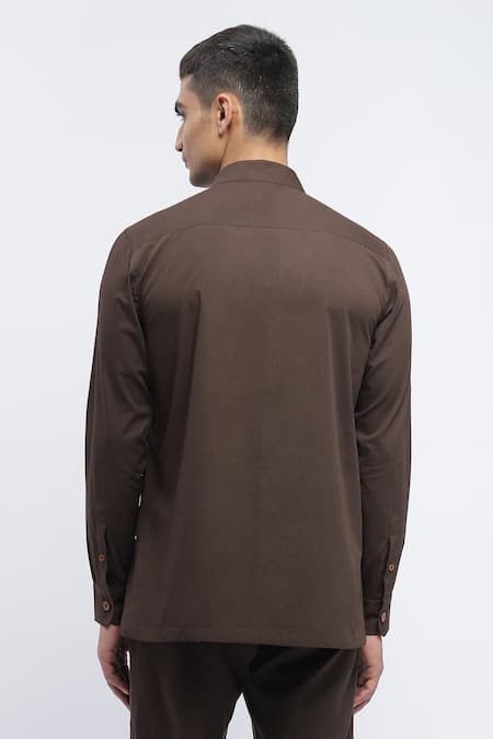 Shop Abraham And Thakore Brown Pure Cotton Trellis Pattern Block Print Shirt at Aza Fashions Shop_Abraham And Thakore_Brown Pure Cotton Trellis Pattern Block Print Shirt _at_Aza_Fashions