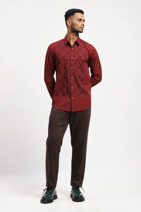 Abraham And Thakore_Red Pure Cotton Trellis Block Print Shirt _Online_at_Aza_Fashions
