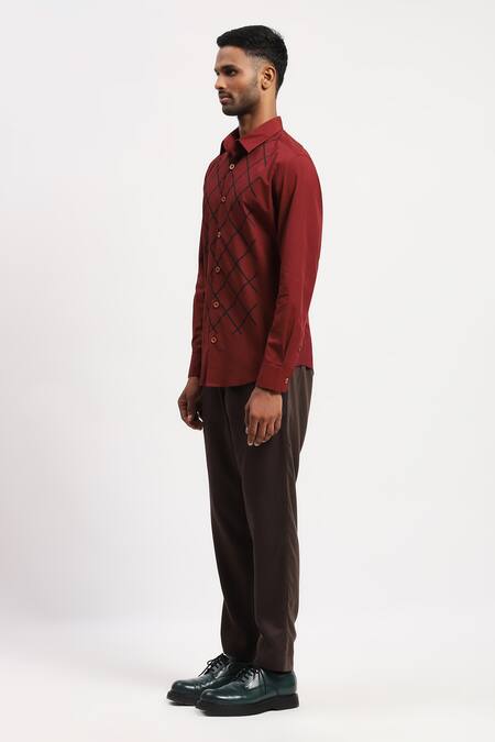 Buy_Abraham And Thakore_Red Pure Cotton Trellis Block Print Shirt _Online_at_Aza_Fashions