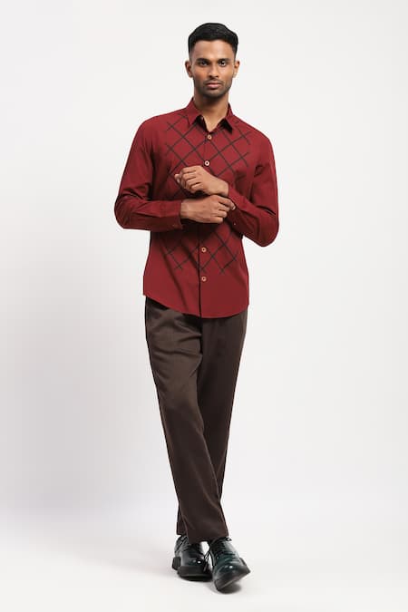 Shop_Abraham And Thakore_Red Pure Cotton Trellis Block Print Shirt _Online_at_Aza_Fashions