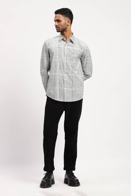 Shop Abraham And Thakore White Cotton Rows Block Print Shirt Online at Aza Fashions Shop_Abraham And Thakore_White Cotton Rows Block Print Shirt _Online_at_Aza_Fashions