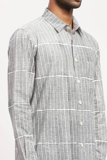 Abraham And Thakore White Cotton Rows Block Print Shirt at Aza Fashions Abraham And Thakore_White Cotton Rows Block Print Shirt _at_Aza_Fashions