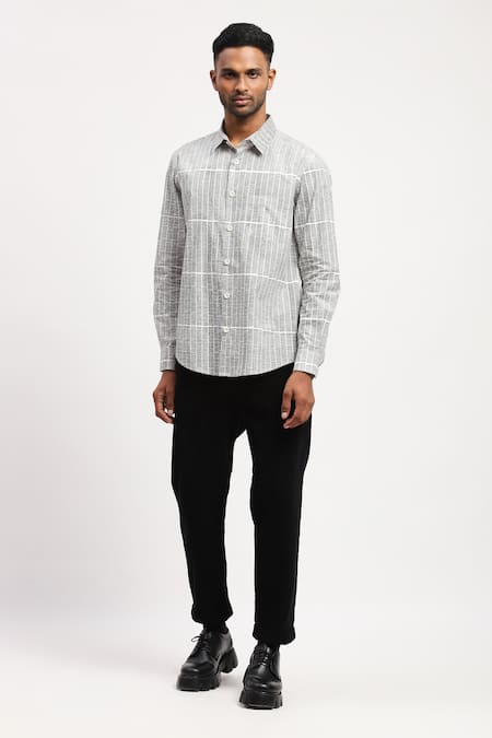 Abraham And Thakore White Cotton Rows Block Print Shirt 