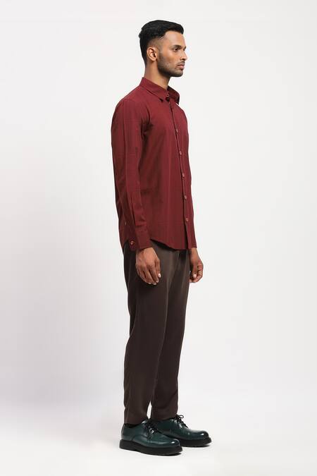 Abraham And Thakore_Red Pure Cotton Rows Block Print Collared Shirt _Online_at_Aza_Fashions