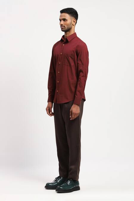 Buy_Abraham And Thakore_Red Pure Cotton Rows Block Print Collared Shirt _Online_at_Aza_Fashions
