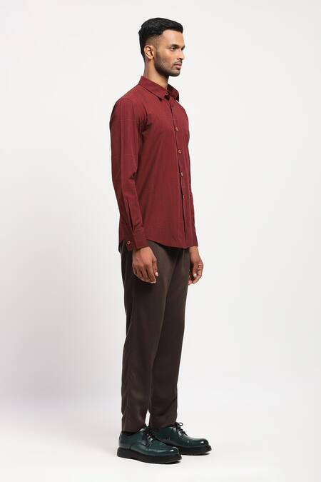 Abraham And Thakore_Red Pure Cotton Rows Block Print Collared Shirt _at_Aza_Fashions