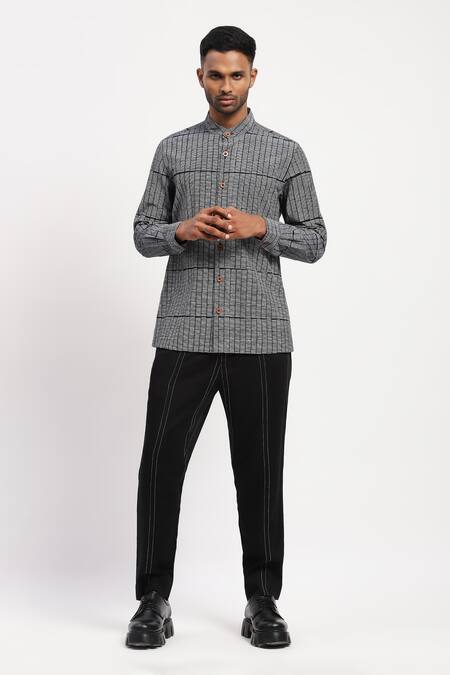 Abraham And Thakore Black Pure Cotton Rows Pattern Block Print Shirt Online at Aza Fashions Abraham And Thakore_Black Pure Cotton Rows Pattern Block Print Shirt _Online_at_Aza_Fashions