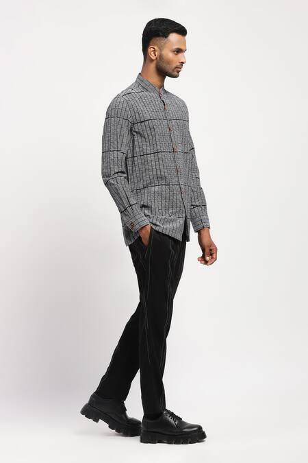 Shop Abraham And Thakore Black Pure Cotton Rows Pattern Block Print Shirt Online at Aza Fashions Shop_Abraham And Thakore_Black Pure Cotton Rows Pattern Block Print Shirt _Online_at_Aza_Fashions