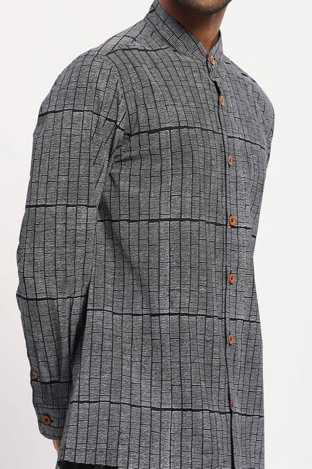 Abraham And Thakore Black Pure Cotton Rows Pattern Block Print Shirt at Aza Fashions Abraham And Thakore_Black Pure Cotton Rows Pattern Block Print Shirt _at_Aza_Fashions
