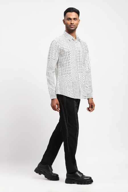 Abraham And Thakore Ivory Cotton Embroidery Kantha Print Collared Shirt Online at Aza Fashions Abraham And Thakore_Ivory Cotton Embroidery Kantha Print Collared Shirt _Online_at_Aza_Fashions