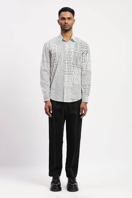 Shop Abraham And Thakore Ivory Cotton Embroidery Kantha Print Collared Shirt Online at Aza Fashions Shop_Abraham And Thakore_Ivory Cotton Embroidery Kantha Print Collared Shirt _Online_at_Aza_Fashions