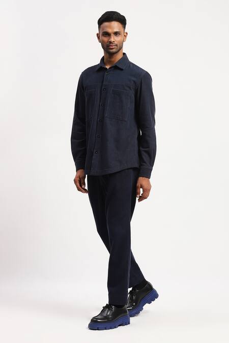 Shop_Abraham And Thakore_Blue Corduroy Collared Solid Shirt_Online_at_Aza_Fashions