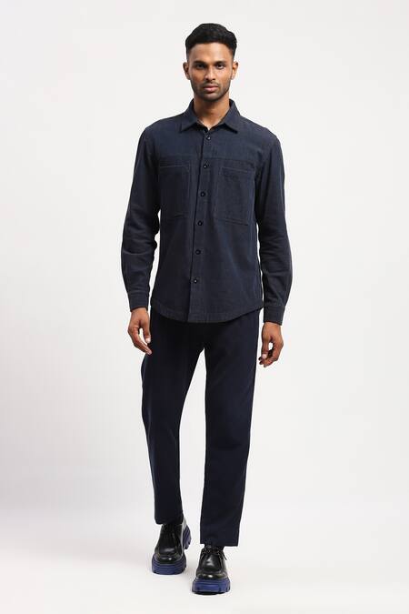 Abraham And Thakore_Blue Corduroy Collared Solid Shirt_at_Aza_Fashions