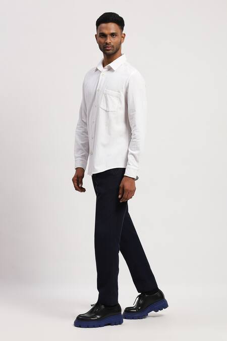 Abraham And Thakore_White Corduroy Collared Plain Shirt _Online_at_Aza_Fashions