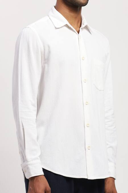 Shop_Abraham And Thakore_White Corduroy Collared Plain Shirt _Online_at_Aza_Fashions