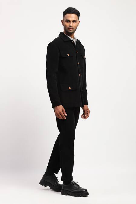 Abraham And Thakore Black Corduroy Solid Pattern Collared Jacket Online at Aza Fashions Abraham And Thakore_Black Corduroy Solid Pattern Collared Jacket _Online_at_Aza_Fashions