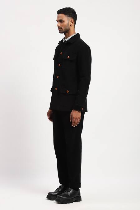 Shop Abraham And Thakore Black Corduroy Solid Pattern Collared Jacket Online at Aza Fashions Shop_Abraham And Thakore_Black Corduroy Solid Pattern Collared Jacket _Online_at_Aza_Fashions