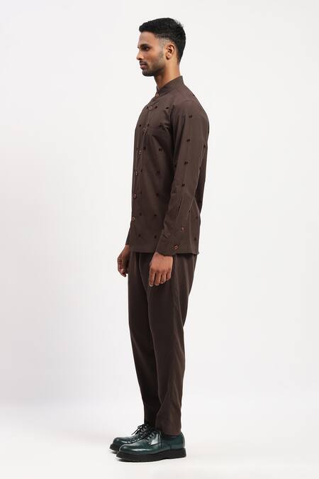 Abraham And Thakore Brown Cotton Embroidery Dot Shirt Online at Aza Fashions Abraham And Thakore_Brown Cotton Embroidery Dot Shirt _Online_at_Aza_Fashions