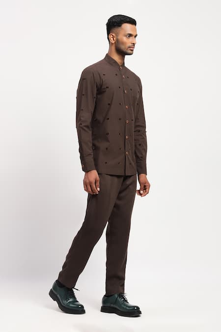 Buy Abraham And Thakore Brown Cotton Embroidery Dot Shirt Online at Aza Fashions Buy_Abraham And Thakore_Brown Cotton Embroidery Dot Shirt _Online_at_Aza_Fashions
