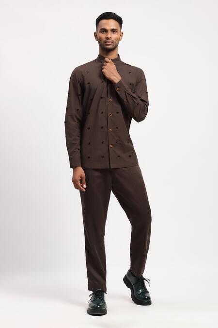 Shop Abraham And Thakore Brown Cotton Embroidery Dot Shirt Online at Aza Fashions Shop_Abraham And Thakore_Brown Cotton Embroidery Dot Shirt _Online_at_Aza_Fashions