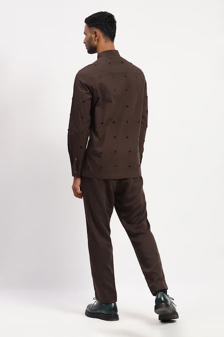Shop Abraham And Thakore Brown Cotton Embroidery Dot Shirt at Aza Fashions Shop_Abraham And Thakore_Brown Cotton Embroidery Dot Shirt _at_Aza_Fashions