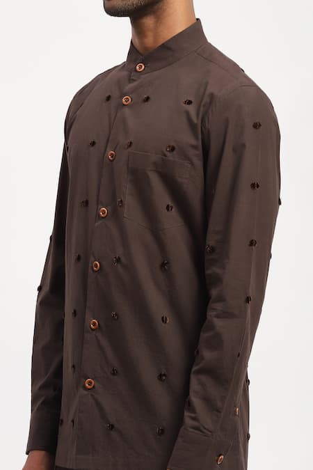 Abraham And Thakore Brown Cotton Embroidery Dot Shirt at Aza Fashions Abraham And Thakore_Brown Cotton Embroidery Dot Shirt _at_Aza_Fashions