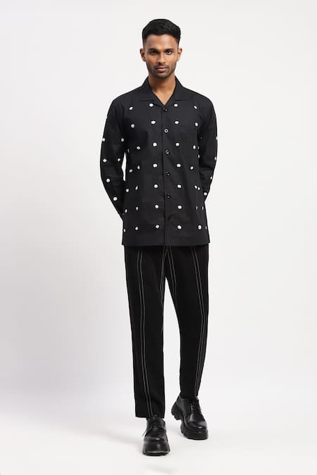 Shop Abraham And Thakore Black Pure Cotton Dots Pattern Embroidered Shirt Online at Aza Fashions Shop_Abraham And Thakore_Black Pure Cotton Dots Pattern Embroidered Shirt _Online_at_Aza_Fashions