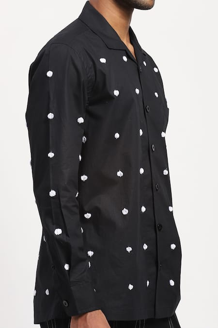 Abraham And Thakore Black Pure Cotton Dots Pattern Embroidered Shirt at Aza Fashions Abraham And Thakore_Black Pure Cotton Dots Pattern Embroidered Shirt _at_Aza_Fashions