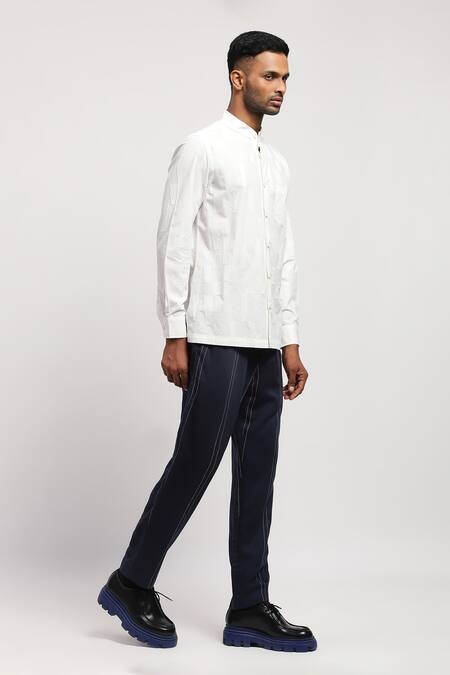 Shop Abraham And Thakore White Pure Cotton Geometric Crewel Embroidered Shirt Online at Aza Fashions Shop_Abraham And Thakore_White Pure Cotton Geometric Crewel Embroidered Shirt _Online_at_Aza_Fashions