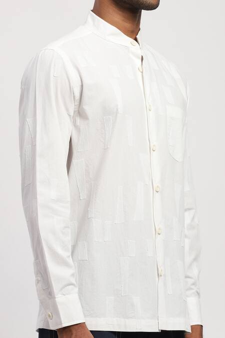 Abraham And Thakore White Pure Cotton Geometric Crewel Embroidered Shirt at Aza Fashions Abraham And Thakore_White Pure Cotton Geometric Crewel Embroidered Shirt _at_Aza_Fashions