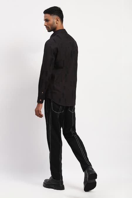 Shop Abraham And Thakore Black Pure Cotton Geometric Embroidered Shirt at Aza Fashions Shop_Abraham And Thakore_Black Pure Cotton Geometric Embroidered Shirt _at_Aza_Fashions
