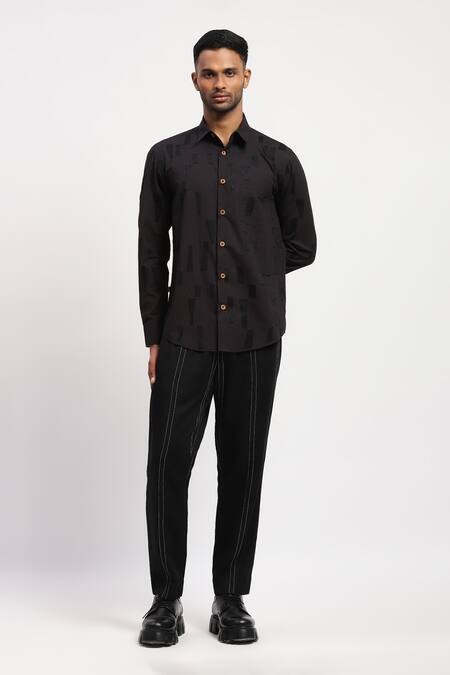 Abraham And Thakore Black Pure Cotton Geometric Embroidered Shirt Online at Aza Fashions Abraham And Thakore_Black Pure Cotton Geometric Embroidered Shirt _Online_at_Aza_Fashions