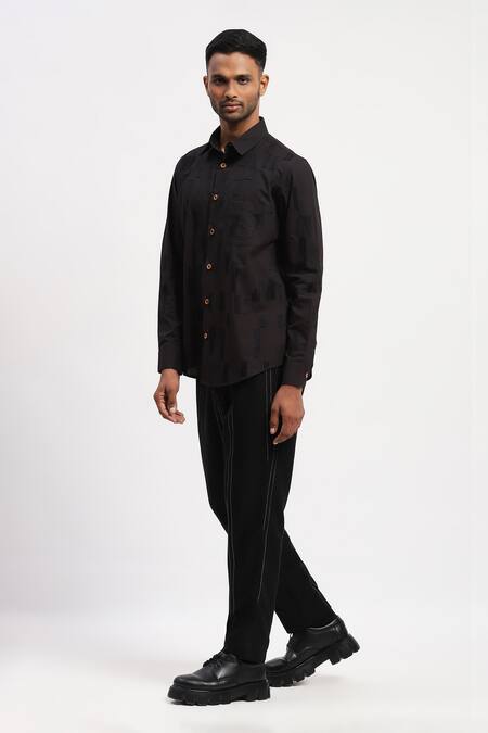 Abraham And Thakore Black Pure Cotton Geometric Embroidered Shirt at Aza Fashions Abraham And Thakore_Black Pure Cotton Geometric Embroidered Shirt _at_Aza_Fashions