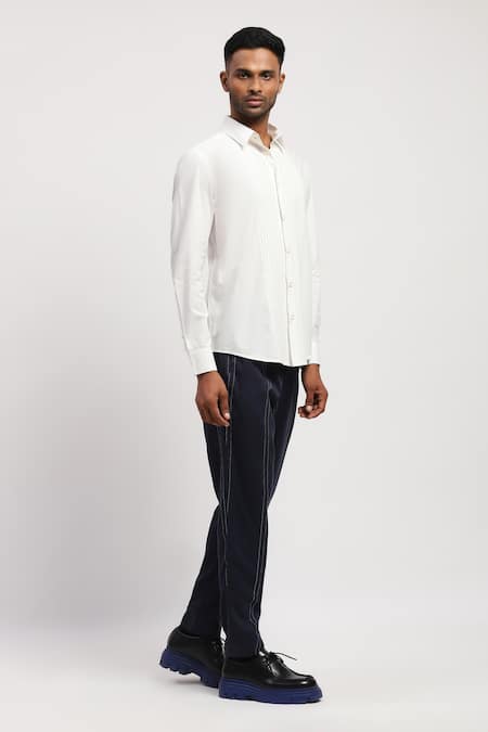 Abraham And Thakore White Cotton Lace Applique Formal Shirt Online at Aza Fashions Abraham And Thakore_White Cotton Lace Applique Formal Shirt _Online_at_Aza_Fashions