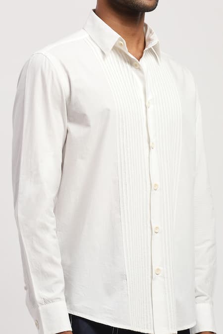 Abraham And Thakore White Cotton Lace Applique Formal Shirt at Aza Fashions Abraham And Thakore_White Cotton Lace Applique Formal Shirt _at_Aza_Fashions
