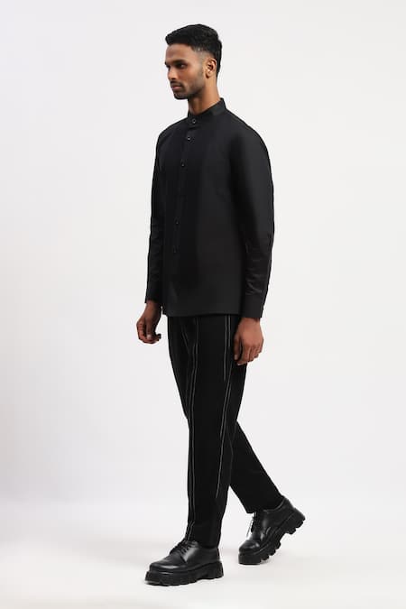 Abraham And Thakore_Black Pure Cotton Lace, Stripe Pintucked Mandarin Collared Shirt _Online_at_Aza_Fashions