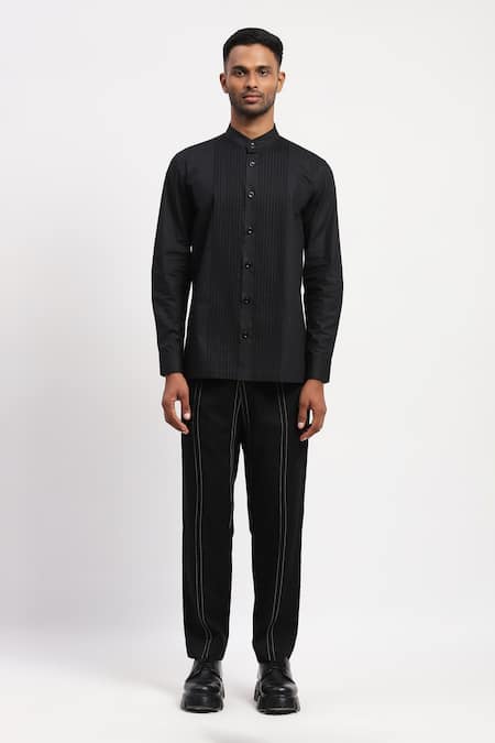 Abraham And Thakore_Black Pure Cotton Lace, Stripe Pintucked Mandarin Collared Shirt _at_Aza_Fashions