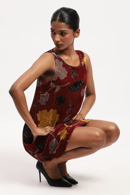 Buy_Abraham And Thakore_Multi Color Velvet Floral, Beads, Rhinestones Round Print Dress _Online_at_Aza_Fashions