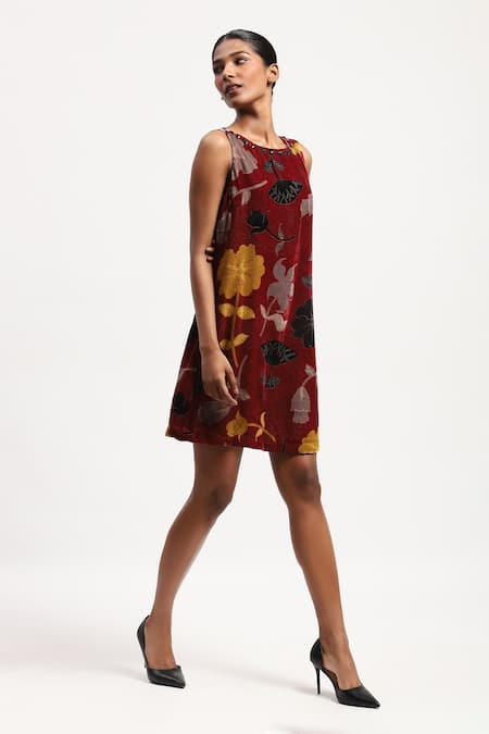 Shop_Abraham And Thakore_Multi Color Velvet Floral, Beads, Rhinestones Round Print Dress _Online_at_Aza_Fashions