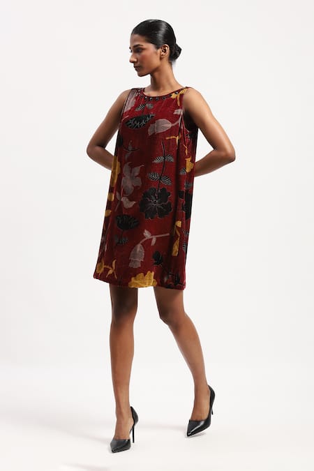 Abraham And Thakore_Multi Color Velvet Floral, Beads, Rhinestones Round Print Dress _at_Aza_Fashions