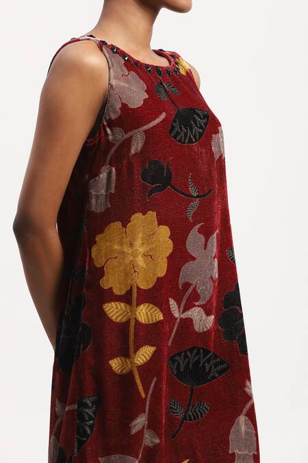 Buy_Abraham And Thakore_Multi Color Velvet Floral, Beads, Rhinestones Round Print Dress 