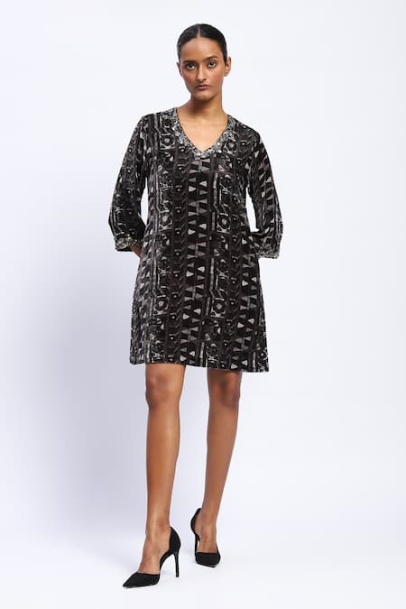 Abraham And Thakore Black Velvet Geometric, Sequins V Neck Rabari Print Dress Online at Aza Fashions Abraham And Thakore_Black Velvet Geometric, Sequins V Neck Rabari Print Dress _Online_at_Aza_Fashions