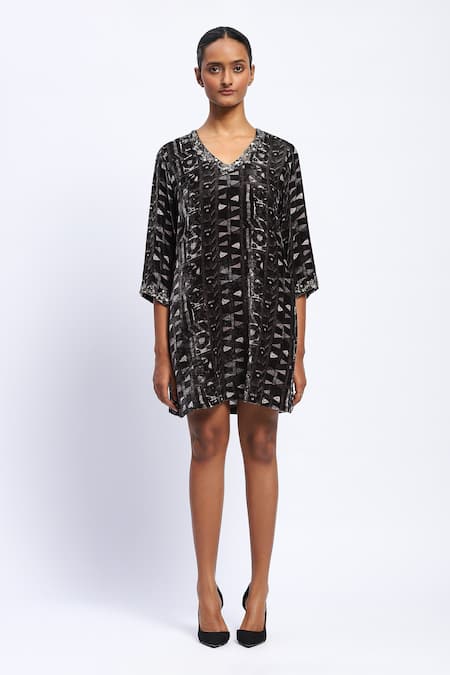 Buy Abraham And Thakore Black Velvet Geometric, Sequins V Neck Rabari Print Dress Online at Aza Fashions Buy_Abraham And Thakore_Black Velvet Geometric, Sequins V Neck Rabari Print Dress _Online_at_Aza_Fashions