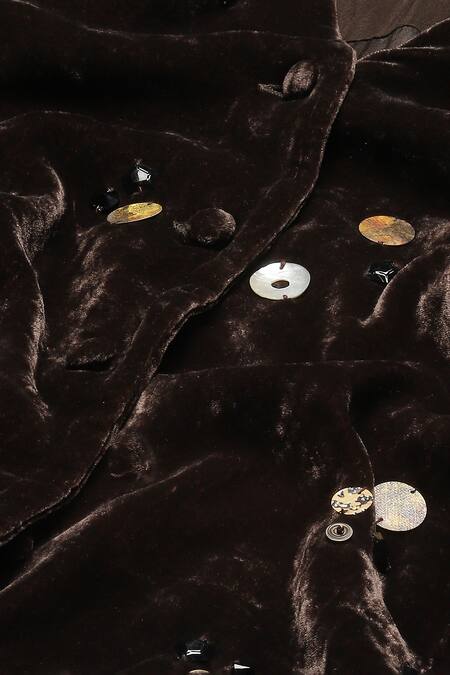 Abraham And Thakore Brown Velvet Sequin, Shells, Beads, Buttons V Neck Scattered Embroidered Jacket Online at Aza Fashions Abraham And Thakore_Brown Velvet Sequin, Shells, Beads, Buttons V Neck Scattered Embroidered Jacket _Online_at_Aza_Fashions