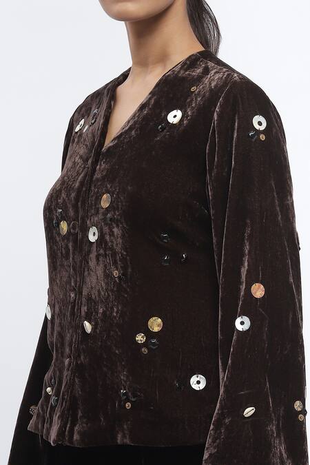 Shop Abraham And Thakore Brown Velvet Sequin, Shells, Beads, Buttons V Neck Scattered Embroidered Jacket Online at Aza Fashions Shop_Abraham And Thakore_Brown Velvet Sequin, Shells, Beads, Buttons V Neck Scattered Embroidered Jacket _Online_at_Aza_Fashions