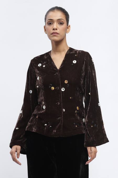 Abraham And Thakore Brown Velvet Sequin, Shells, Beads, Buttons V Neck Scattered Embroidered Jacket at Aza Fashions Abraham And Thakore_Brown Velvet Sequin, Shells, Beads, Buttons V Neck Scattered Embroidered Jacket _at_Aza_Fashions