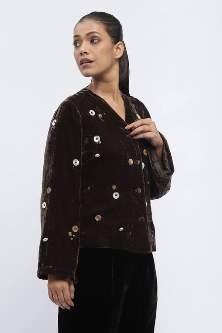Buy Abraham And Thakore Brown Velvet Sequin, Shells, Beads, Buttons V Neck Scattered Embroidered Jacket Buy_Abraham And Thakore_Brown Velvet Sequin, Shells, Beads, Buttons V Neck Scattered Embroidered Jacket