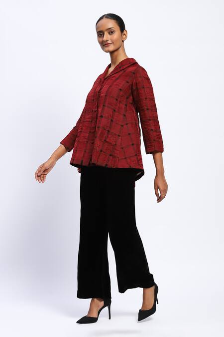 Shop_Abraham And Thakore_Red Geometric Collar Basket Weave Applique Jacket _Online_at_Aza_Fashions