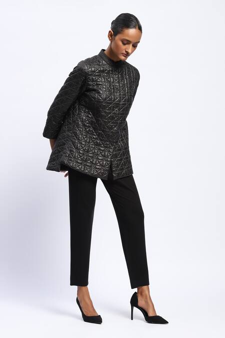Abraham And Thakore Black Polyester Mandarin Collar Ripstop Lattice Quilted Jacket Online at Aza Fashions Abraham And Thakore_Black Polyester Mandarin Collar Ripstop Lattice Quilted Jacket _Online_at_Aza_Fashions