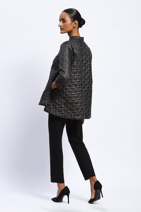 Shop Abraham And Thakore Black Polyester Mandarin Collar Ripstop Lattice Quilted Jacket at Aza Fashions Shop_Abraham And Thakore_Black Polyester Mandarin Collar Ripstop Lattice Quilted Jacket _at_Aza_Fashions